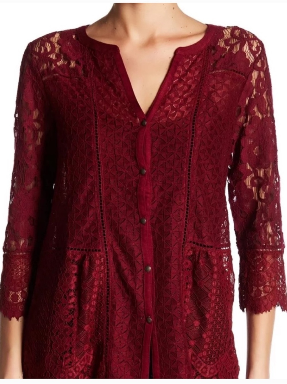 Lucky Brand 
Wild Currant Red Lace Mixed Media
Top Blouse SZ S EUC